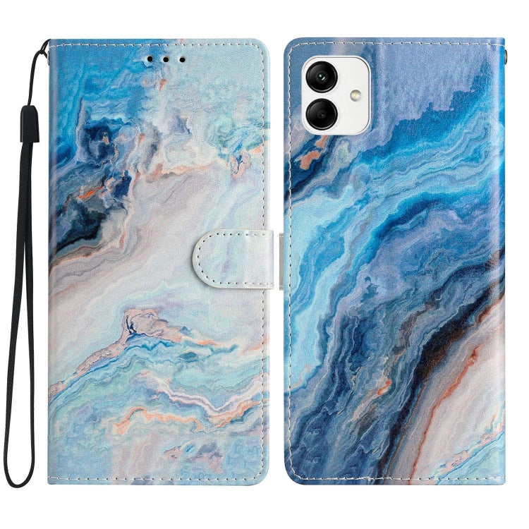 Blue Marble Leather Phone Case for Samsung Galaxy A05, showcasing its stylish design and functional features.